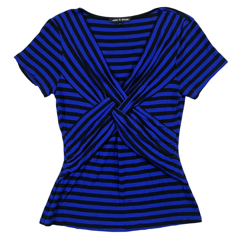 Vtg Cable & Gauge Blouse Womens Small Stripe Twist Front V-Neck Jersey Top Y2K